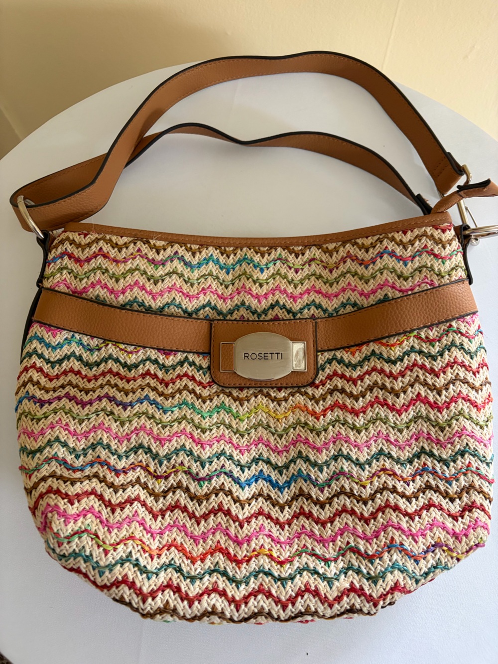 Rosetti Multicolor Zigzag Woven Shoulder Bag with Tan Trim